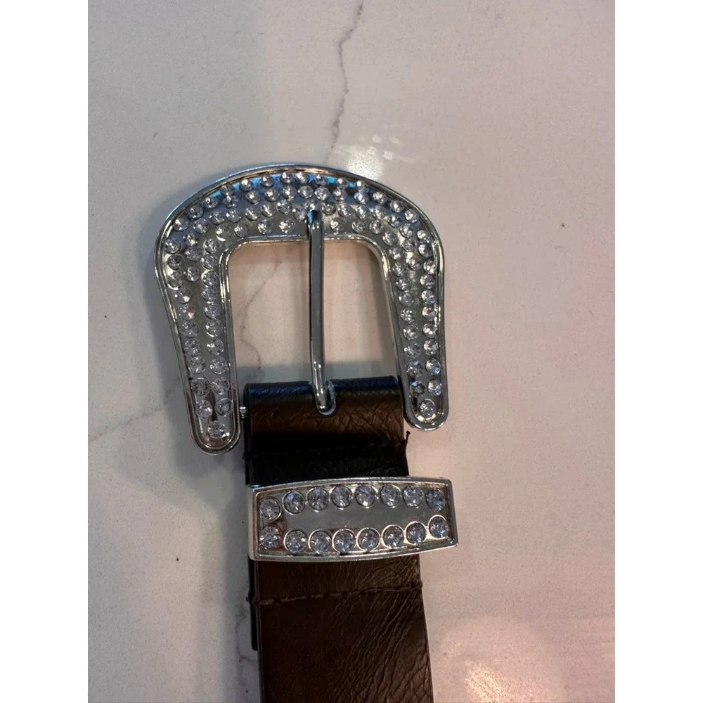 Womens Western Rhinestone Studded Belt Brown Silver Buckle Size Large L/G